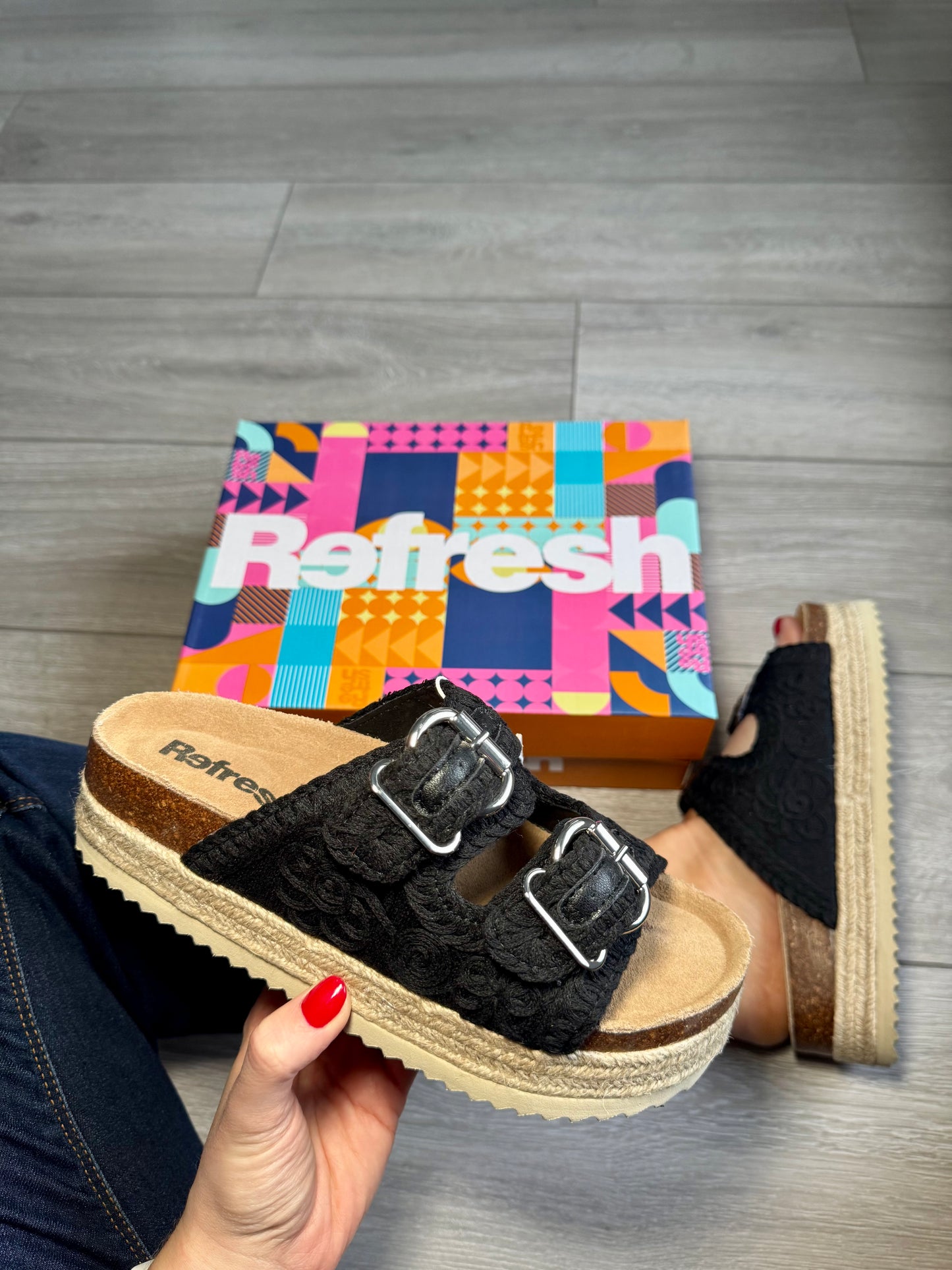 Refresh Black Lace Espadrille Slider