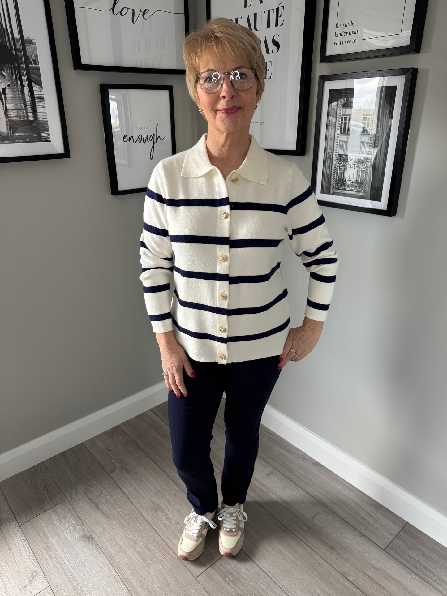 Emreco Ivory/Navy Striped Cardigan