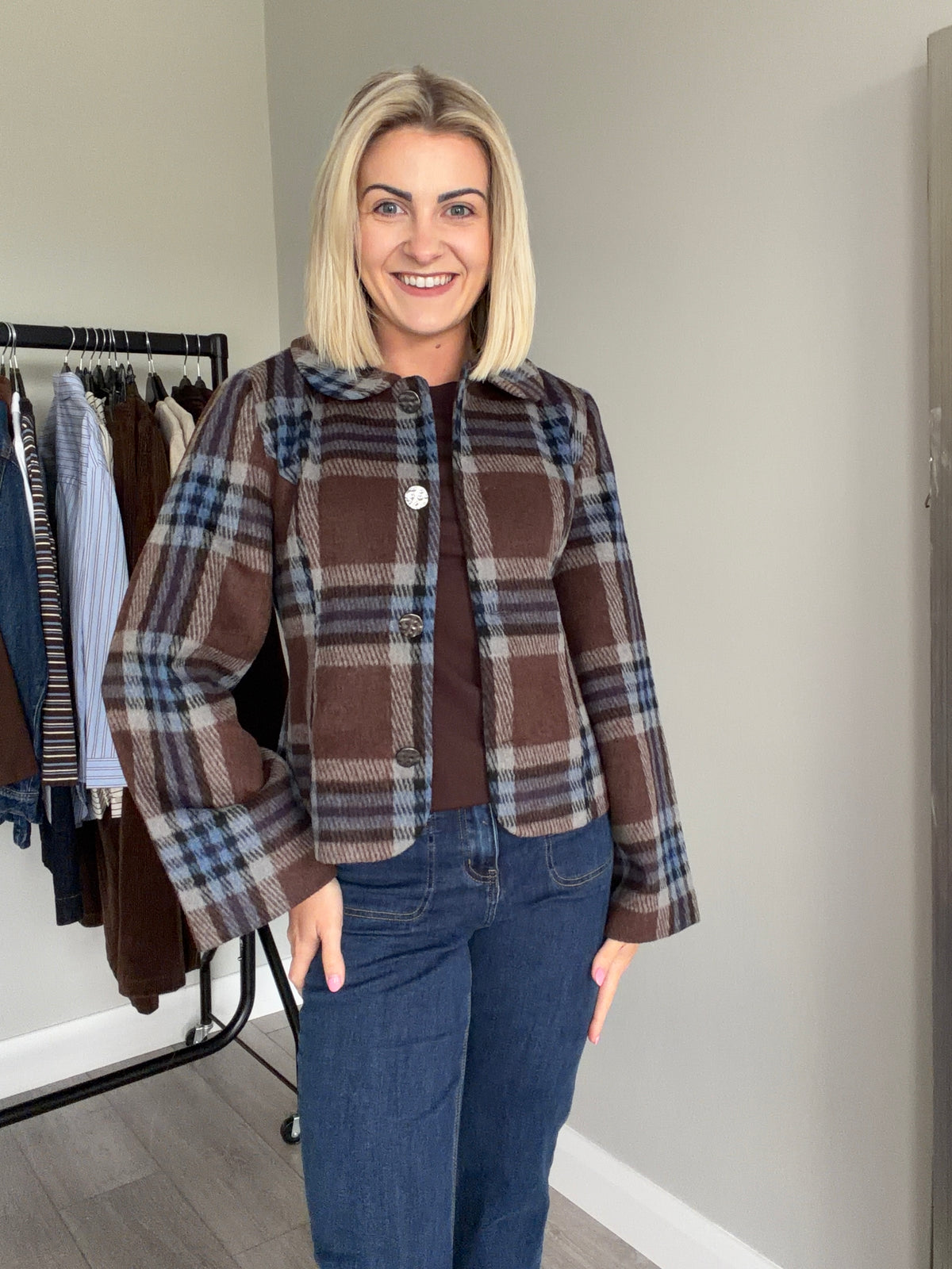 B.Young BYbree Brown/Blue Checked Jacket
