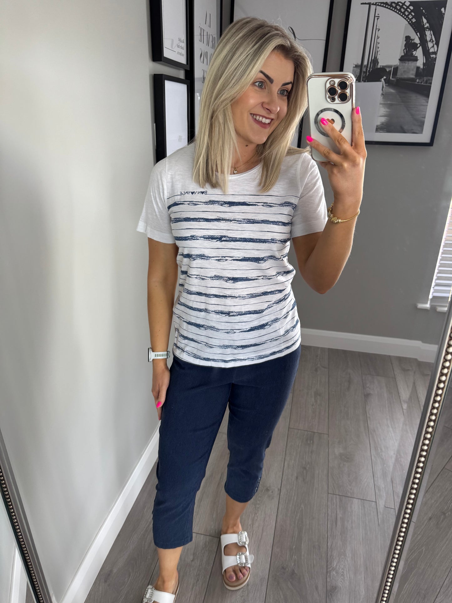 Navy/White Slogan/Stripe Tee