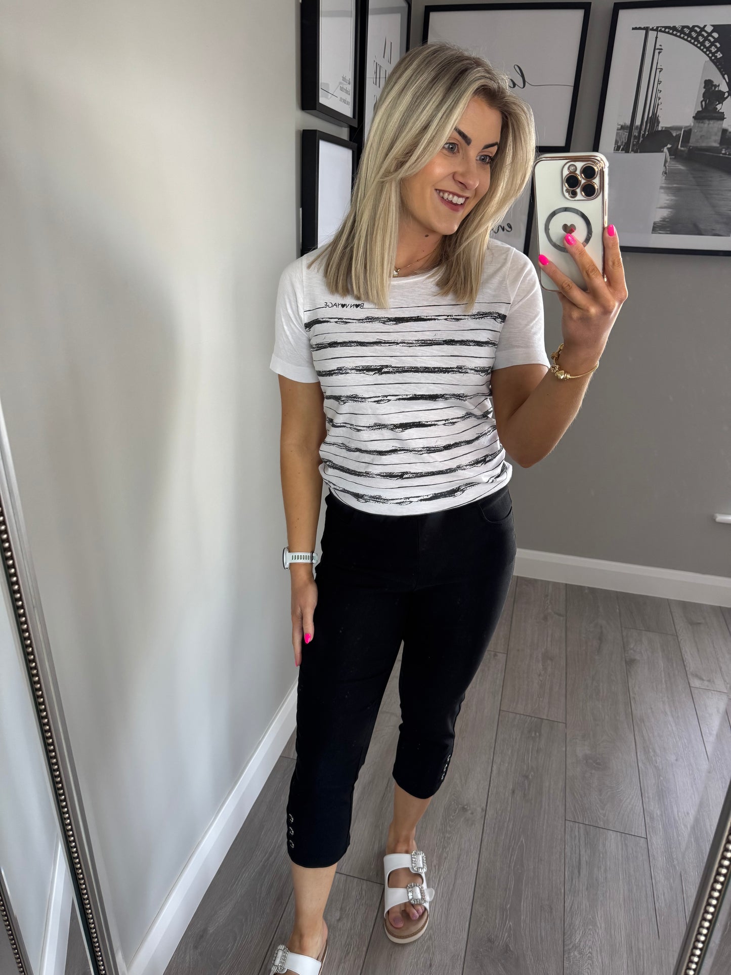 Black/White Slogan/Stripe Tee