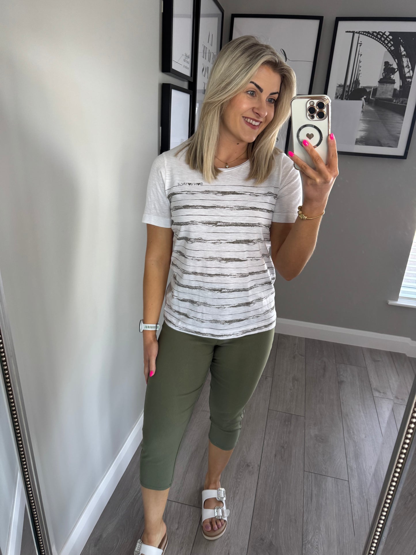 Taupe/White Slogan/Stripe Tee