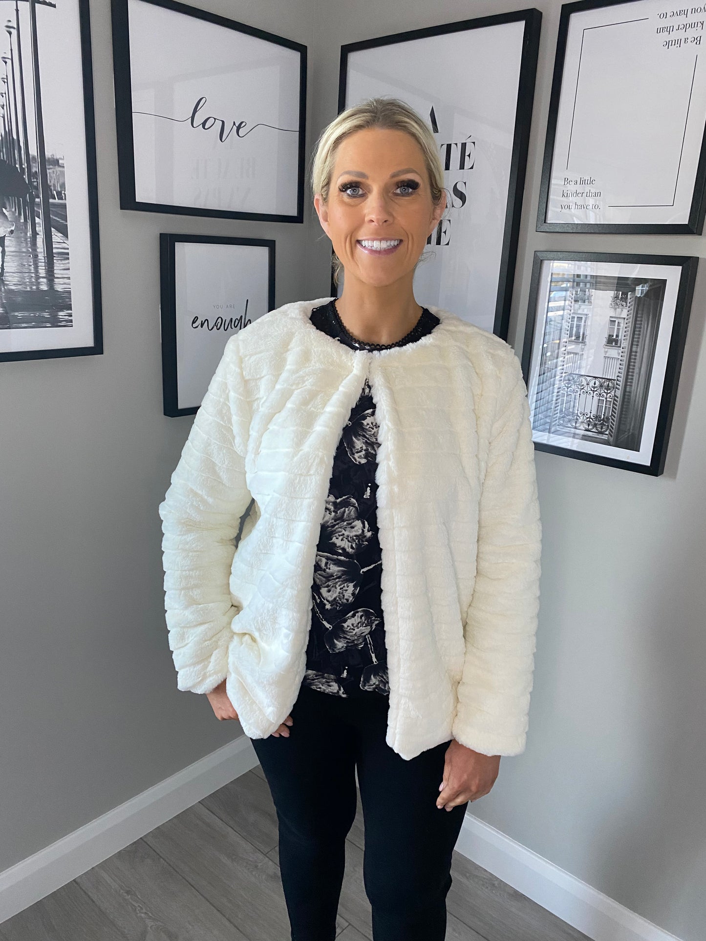 Cream Longline Fur Jacket