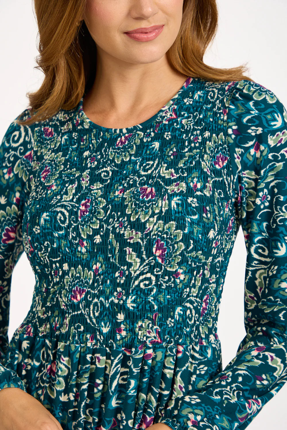 Green Floral Print Shirred Soft Touch Dress
