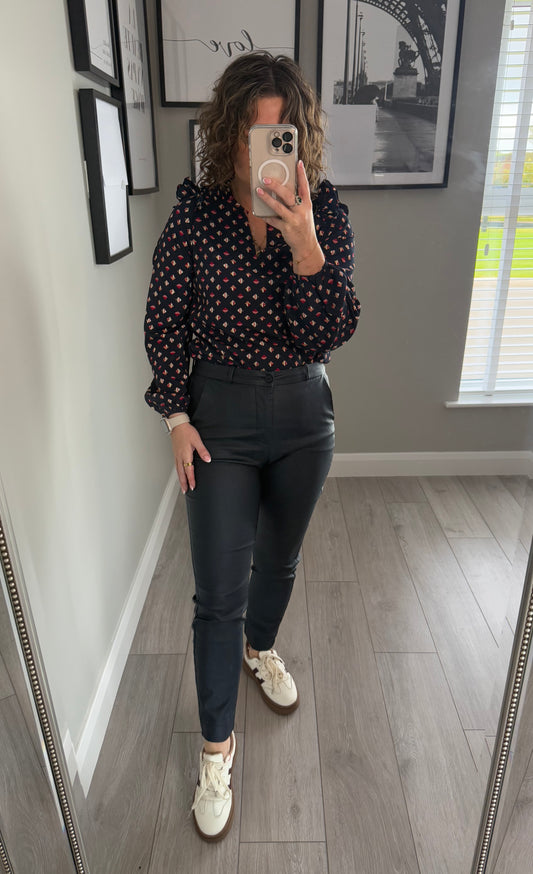 Freequent Navy Leather Cigarette Trouser