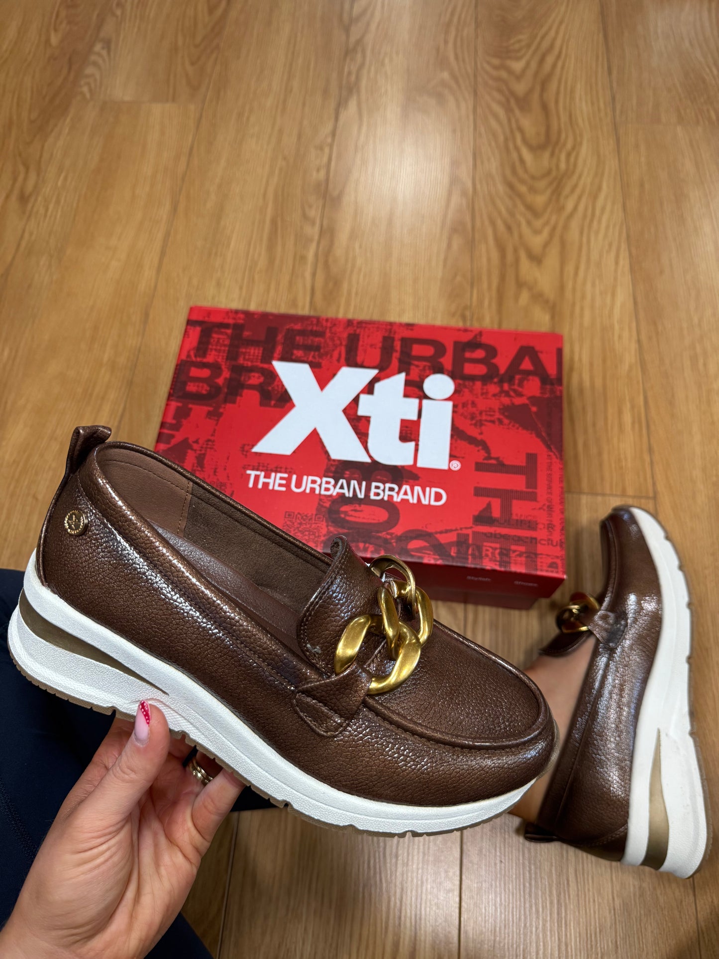 XTI Taupe Patent Wedge Loafer