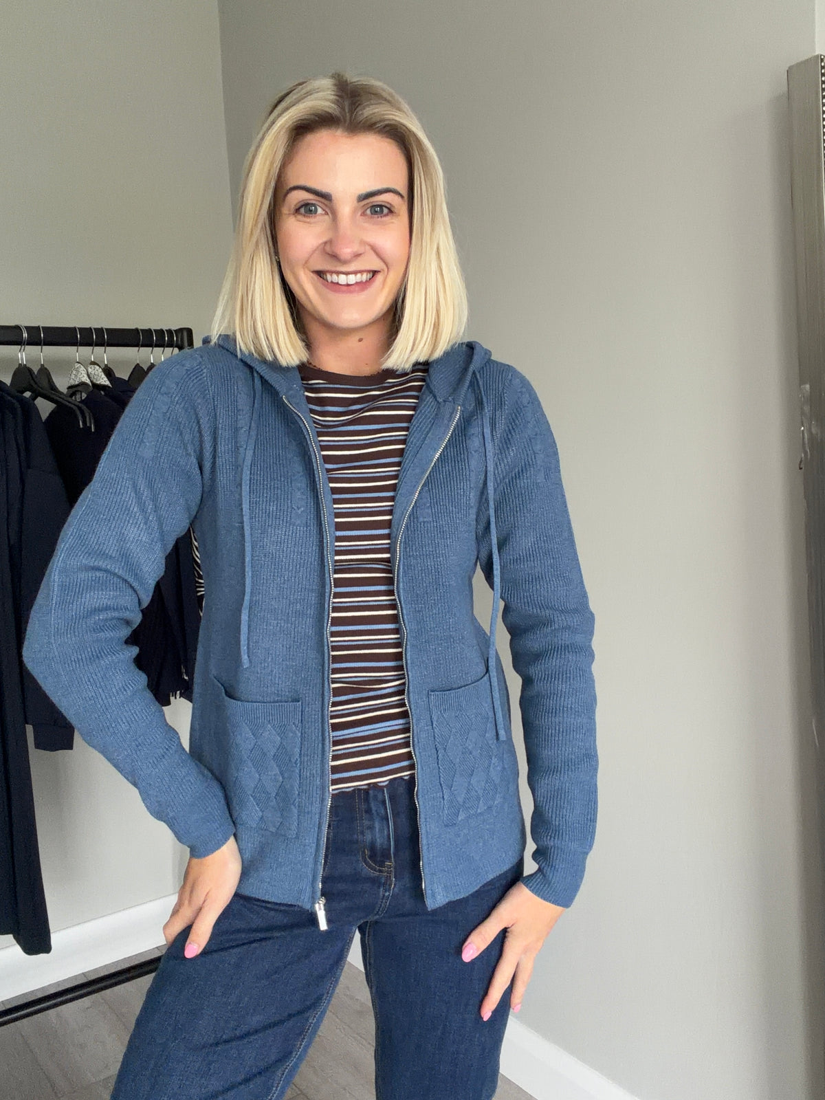 Mudflower Denim Blue Cable Hooded Cardigan