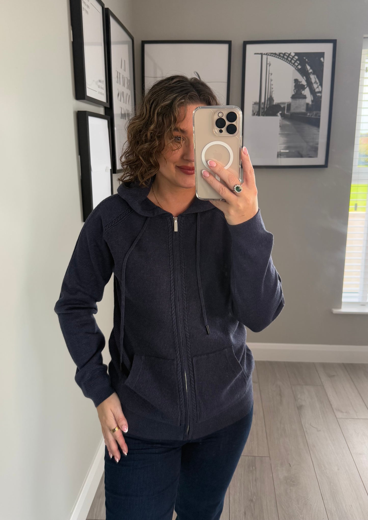 Navy Knit Hooded Cardigan