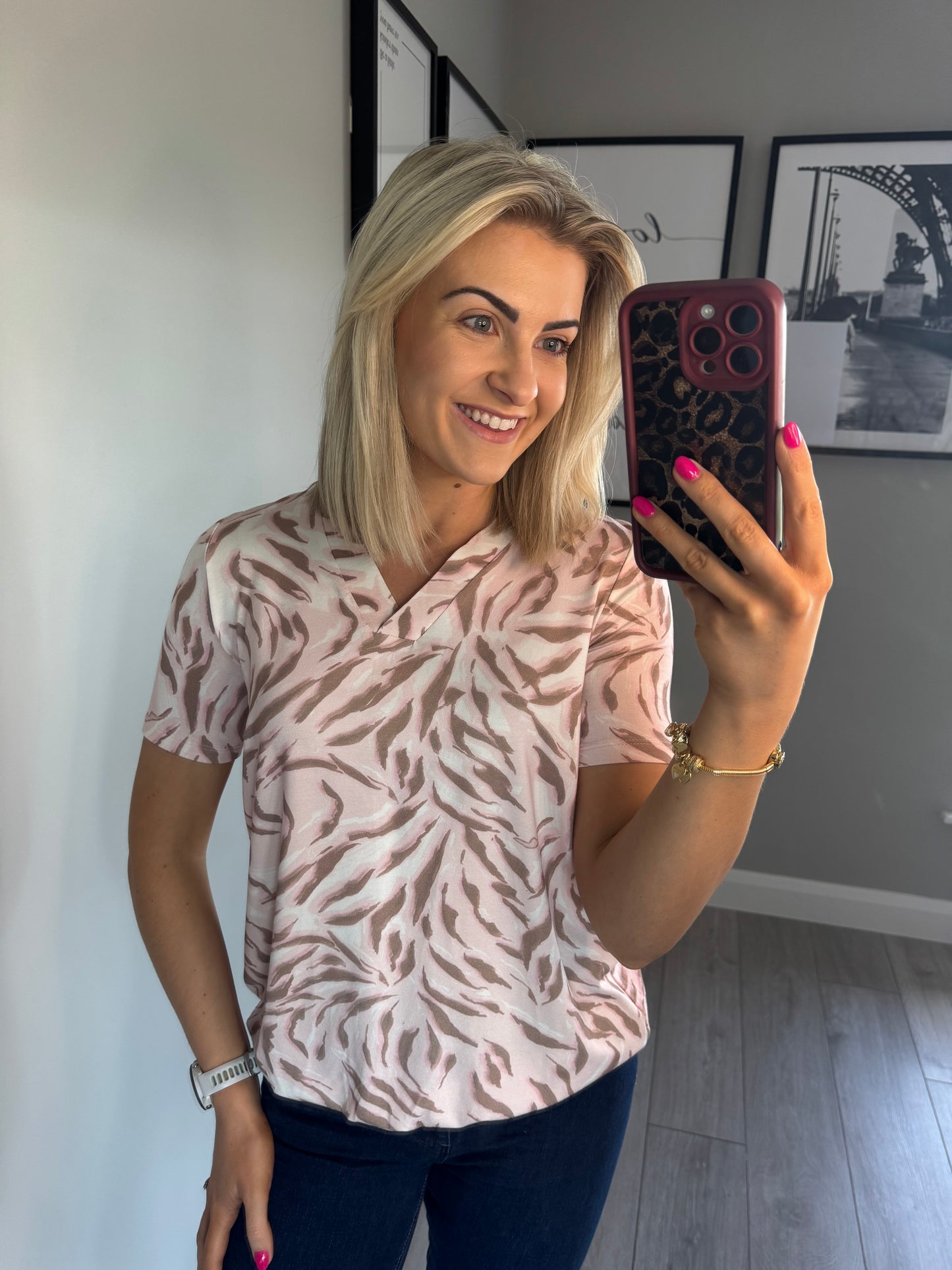 Yest Pink/Antique Print Elasticated Top