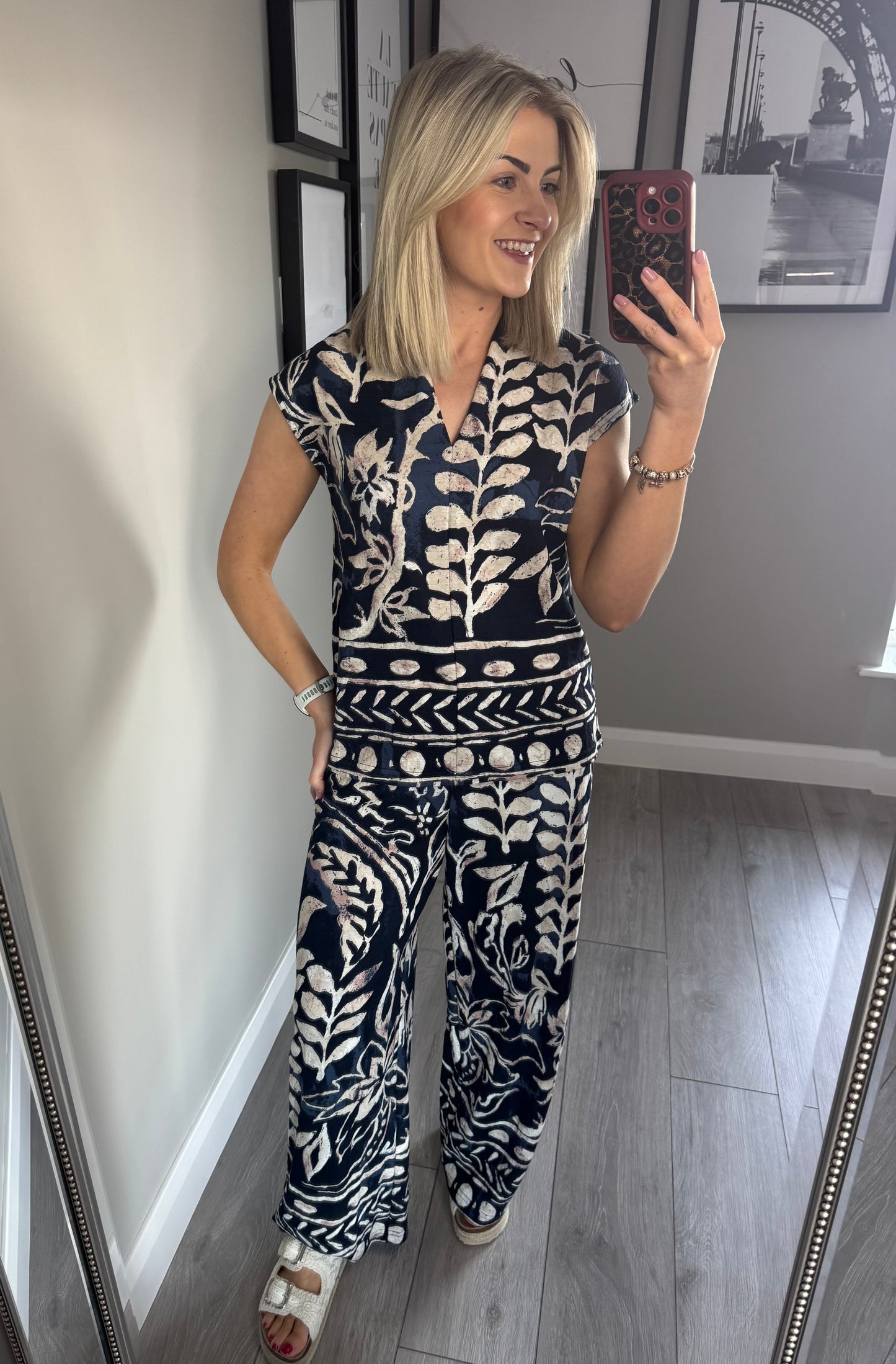 Navy/Beige Print Top