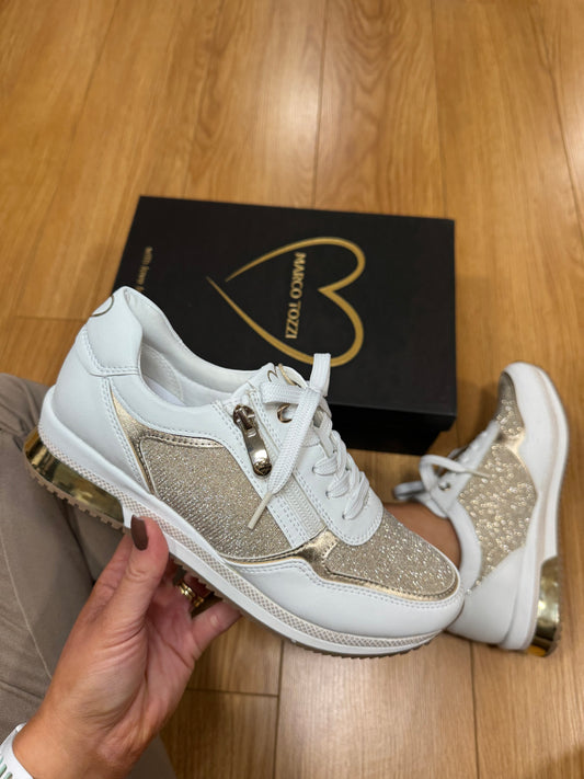 Marco Tozzi White/Gold Zip Trainer