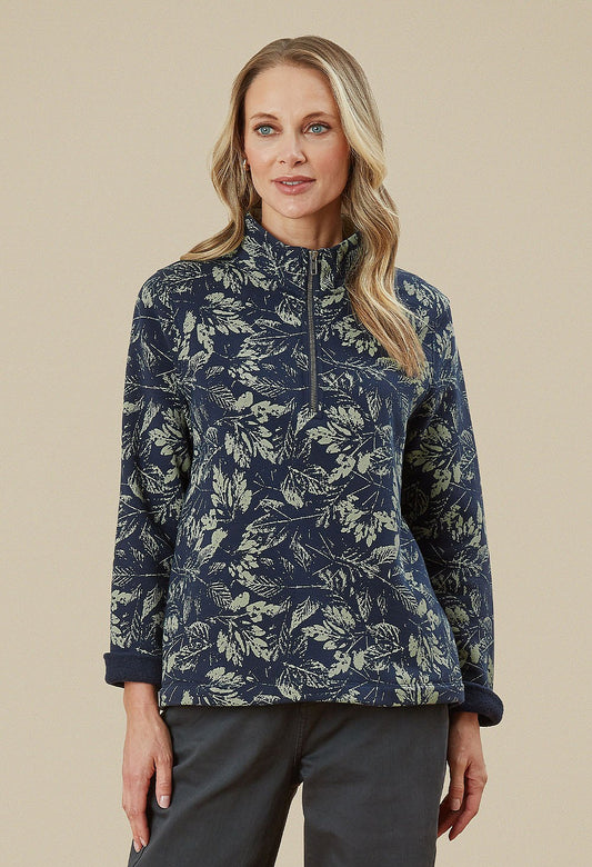 Adini Noia Navy Leaf Printed Sweatshirt
