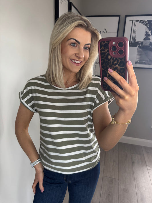 B.Young BYpamila Khaki/White Striped Tee