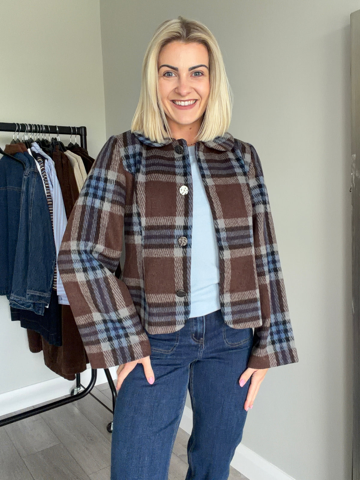 B.Young BYbree Brown/Blue Checked Jacket