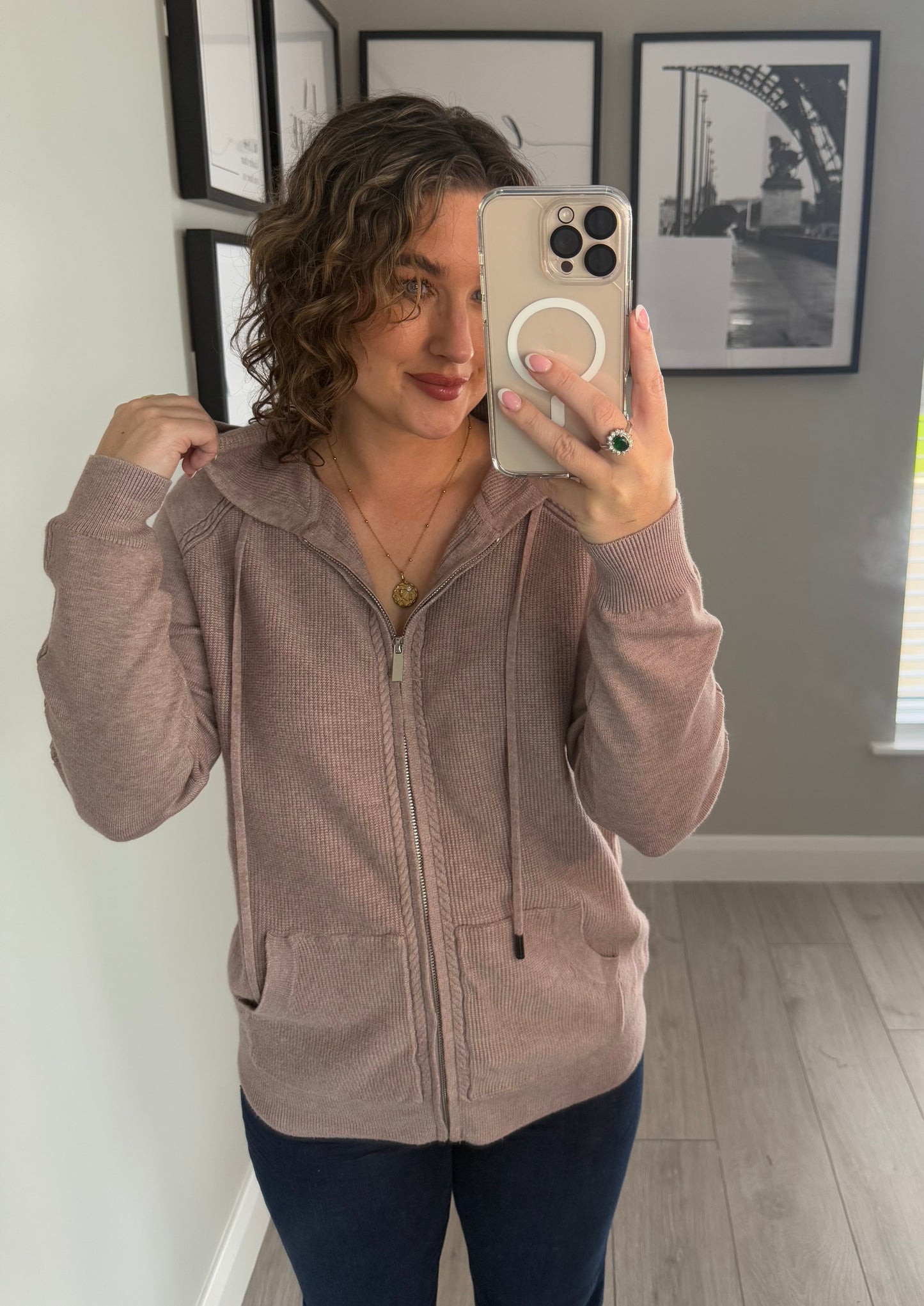 Taupe Knit Hooded Cardigan