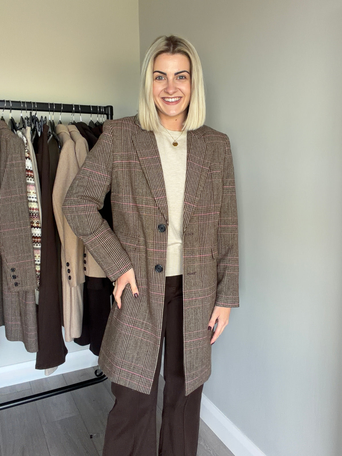 Emreco Brown Neutral Checked Coat