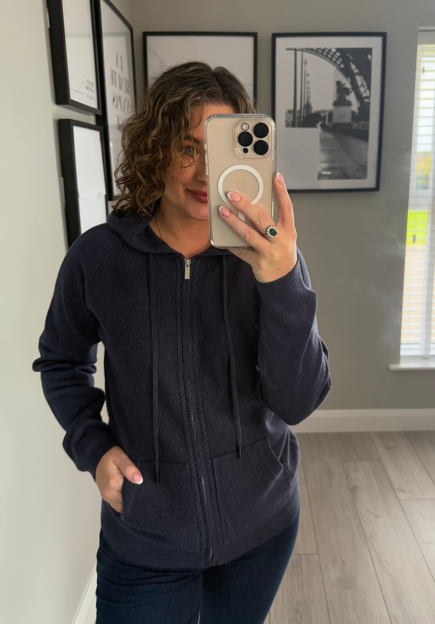 Navy Knit Hooded Cardigan