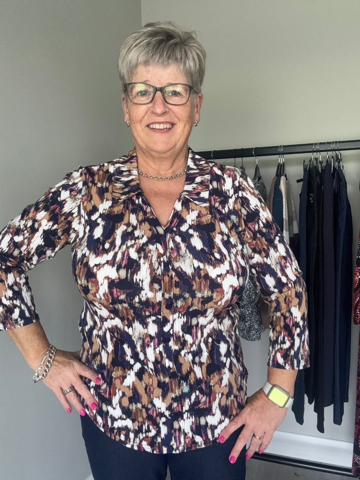 Claudia C Navy/Tan/Pink Print Blouse