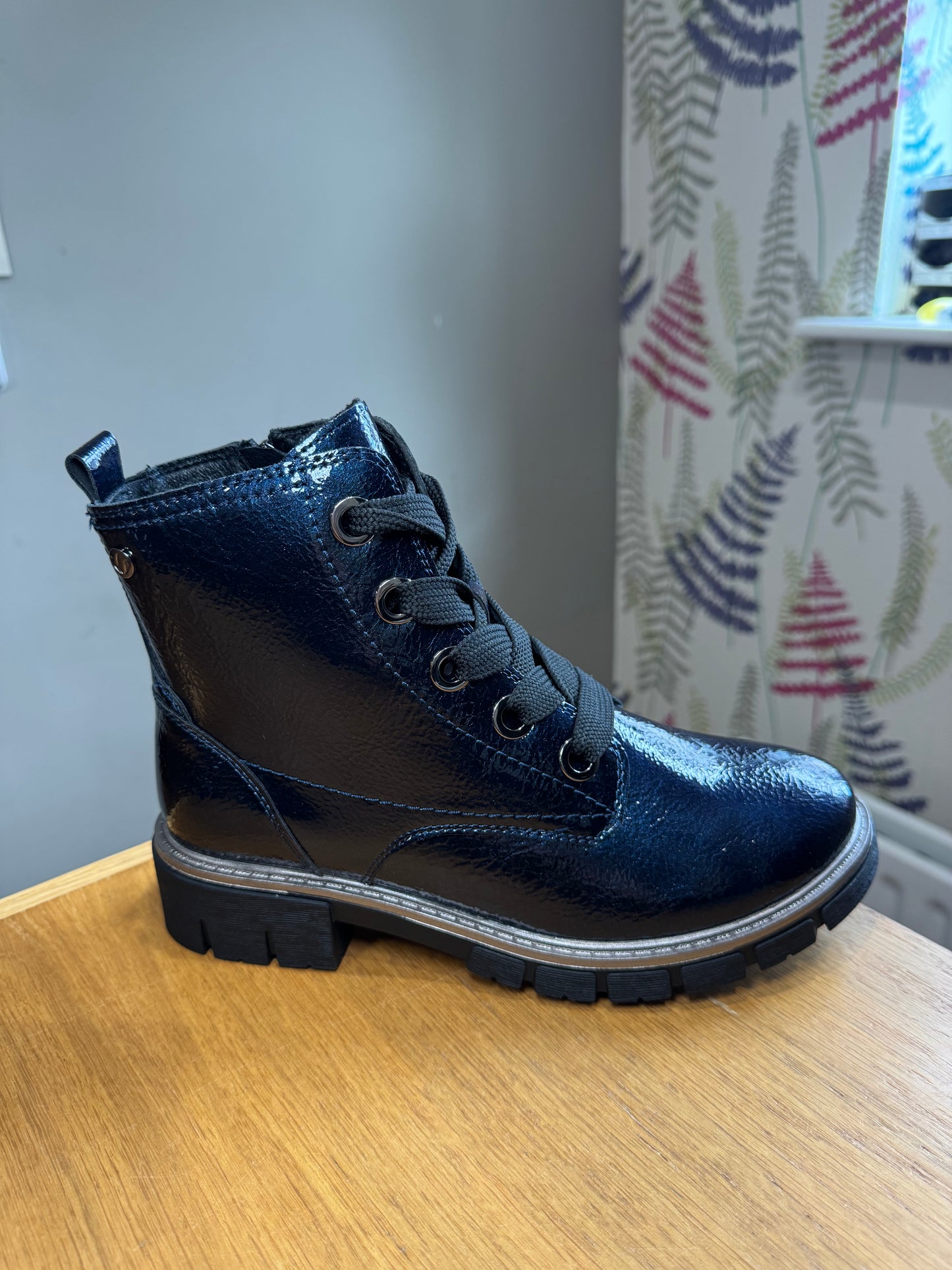 Lotus Jojo Navy Patent Lace Up Boot