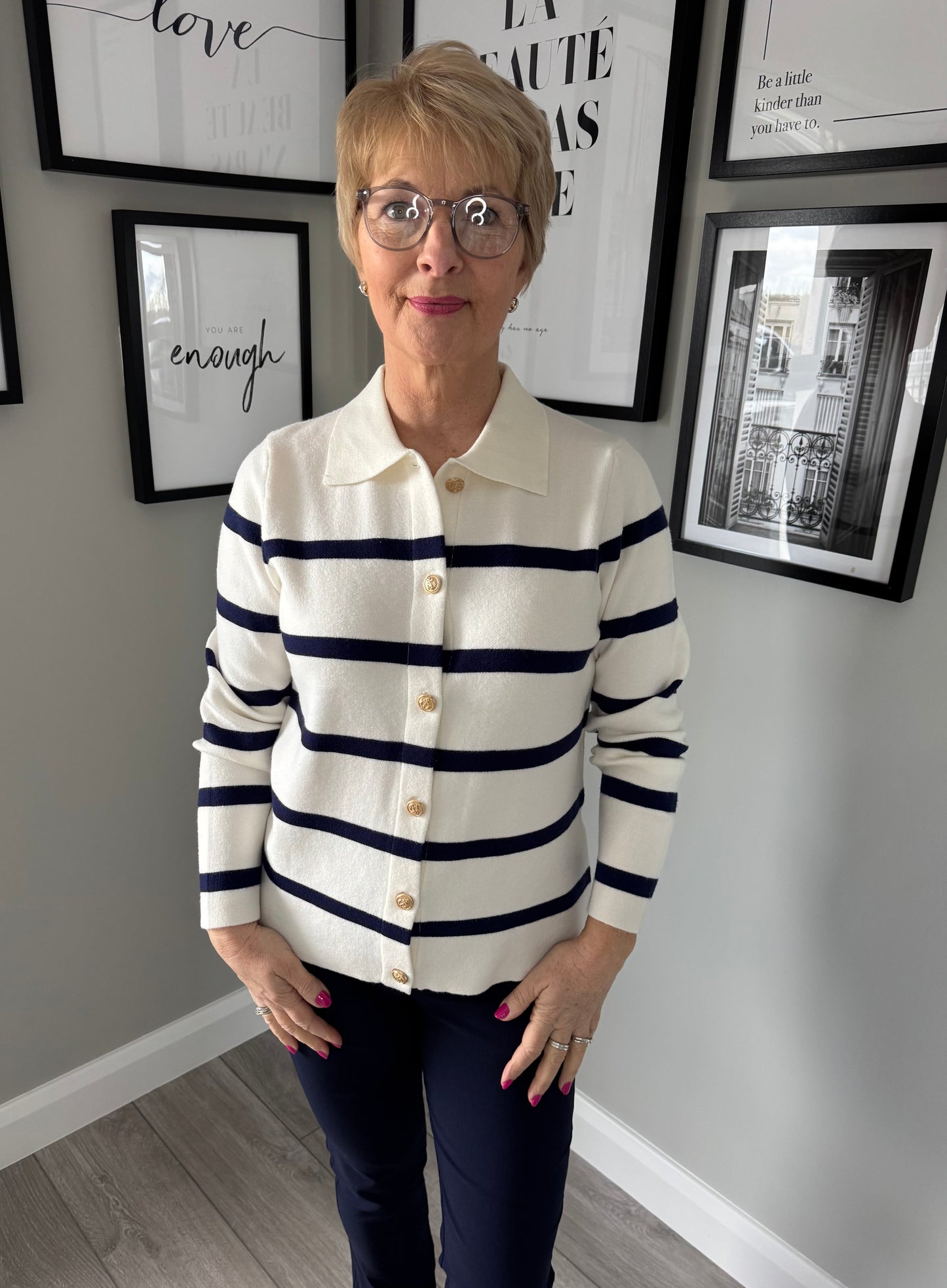 Emreco Ivory/Navy Striped Cardigan