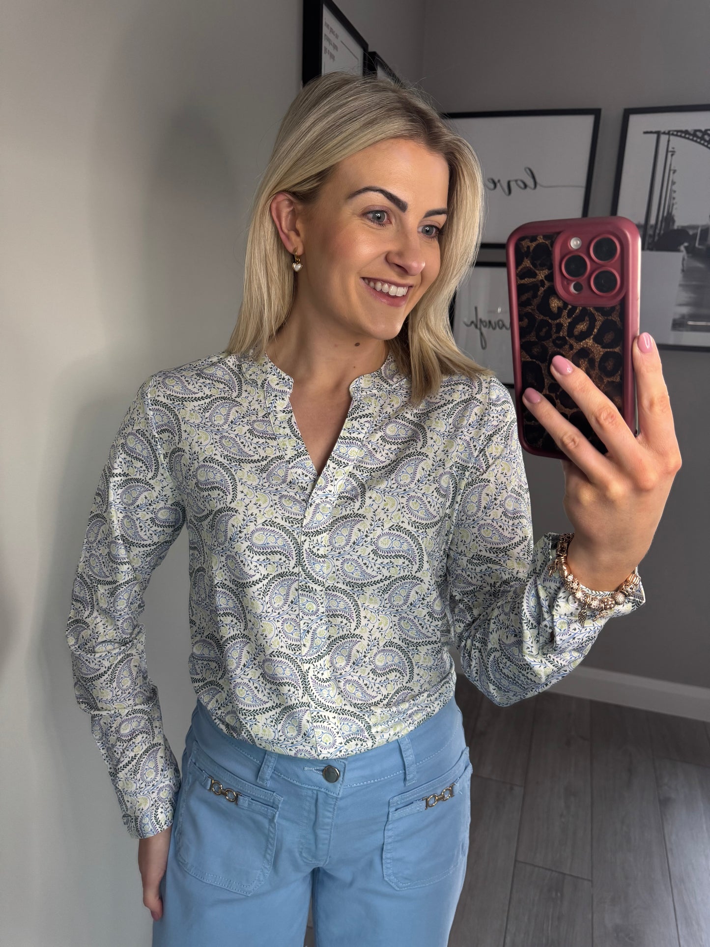 White/Blue/Green V Neck Blouse