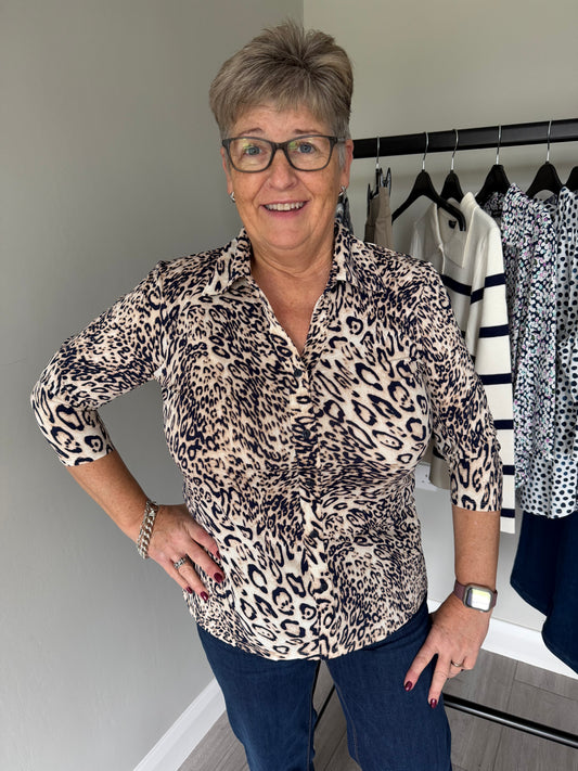 Classic Beige/Navy Leopard 3/4 Blouse