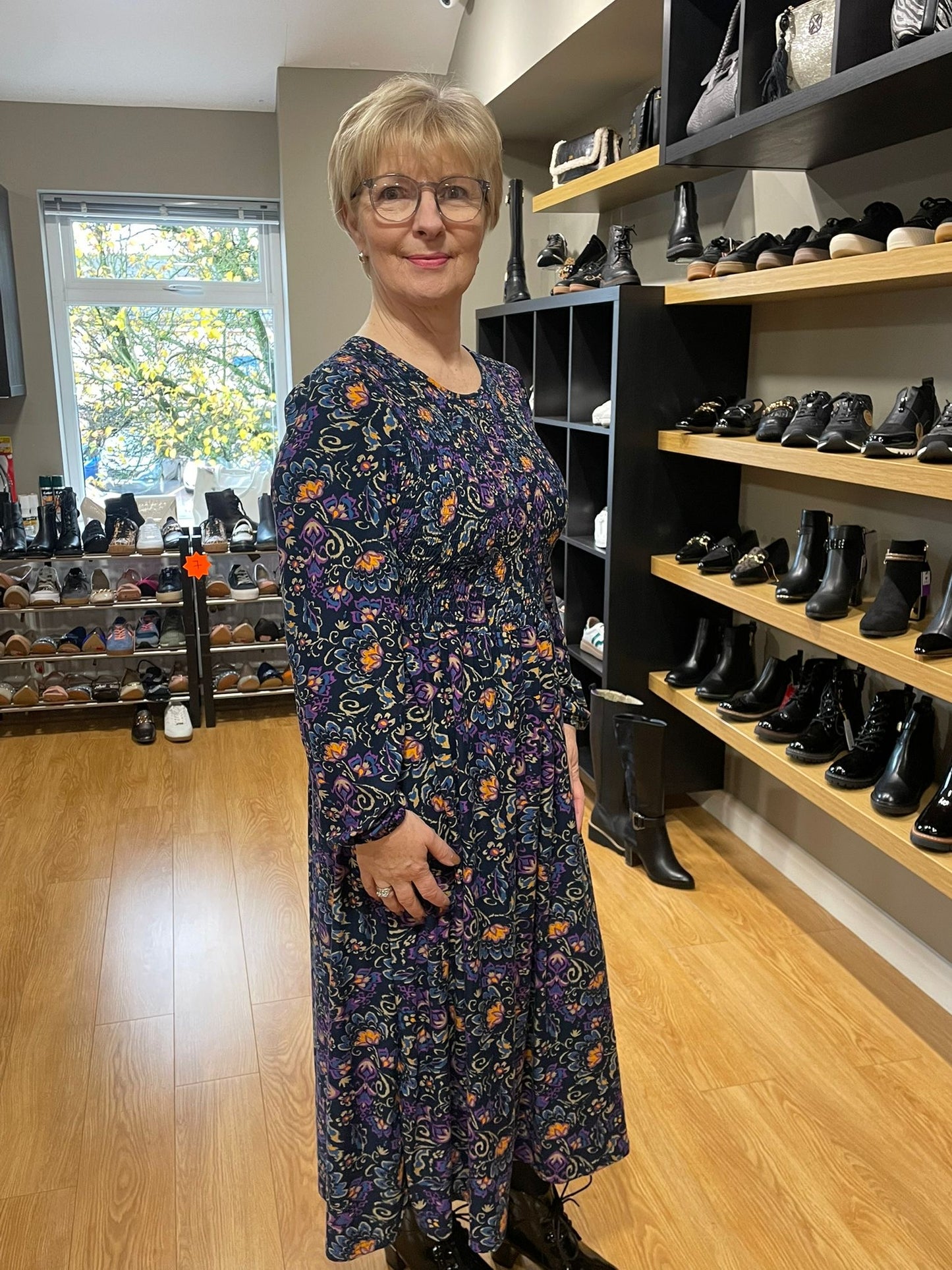 Navy Floral Print Shirred Soft Touch Dress