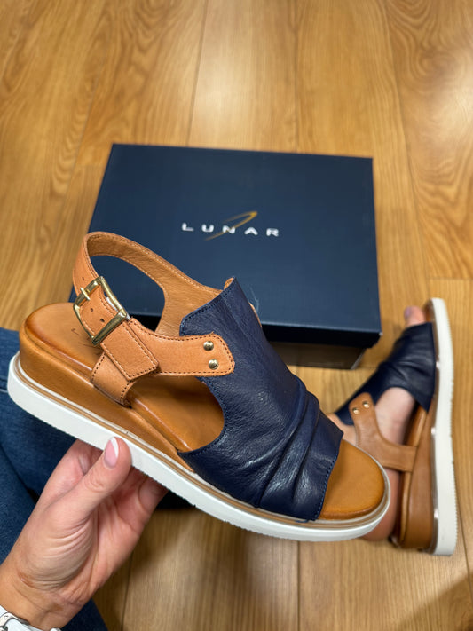 Lunar Steffi Navy/Tan Leather Wedge Sandal