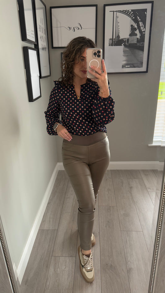 Freequent Morel Leather Pull On Trouser