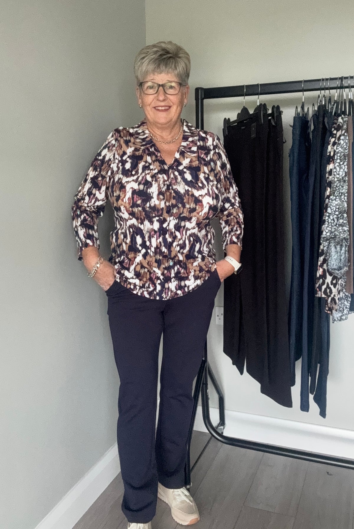 Claudia C Navy/Tan/Pink Print Blouse