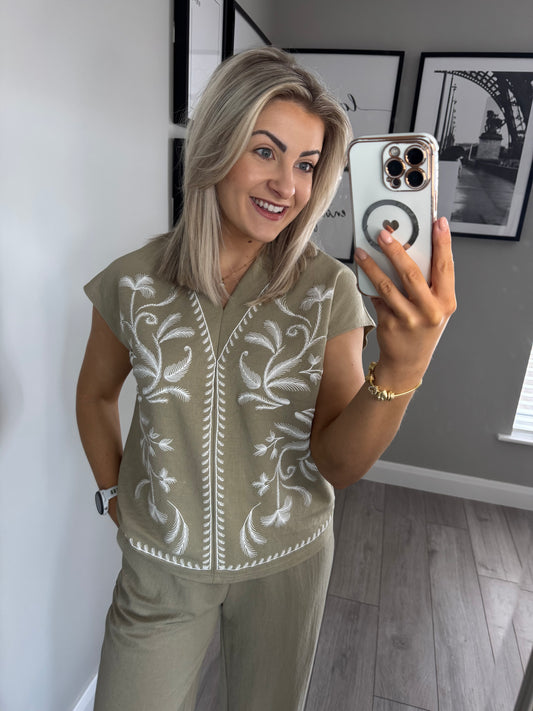 Khaki Embroidered Top