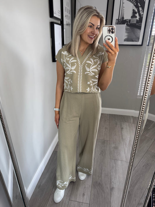 Khaki Embroidered Trousers