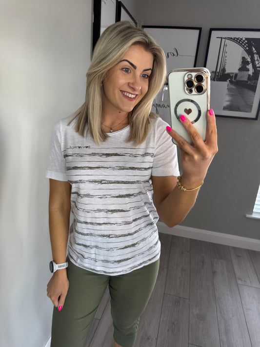 Taupe/White Slogan/Stripe Tee