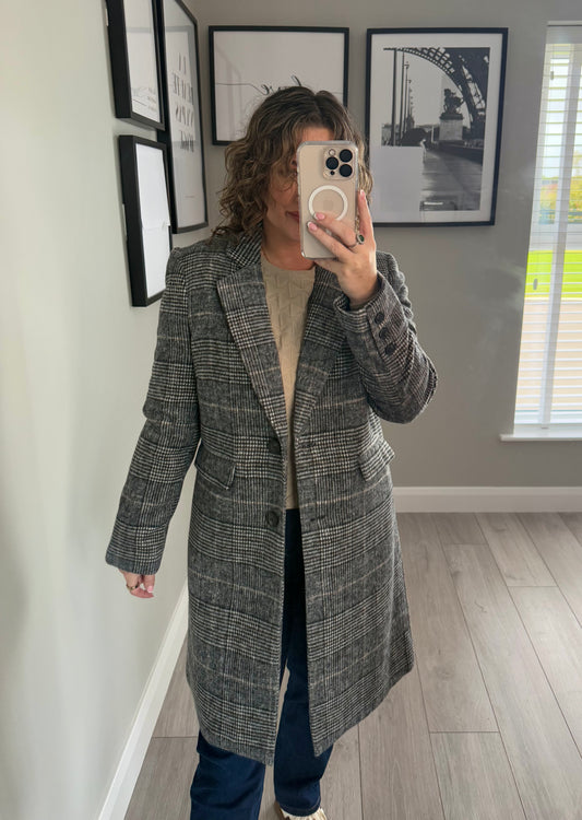 Grey Checked Single Breast Coat