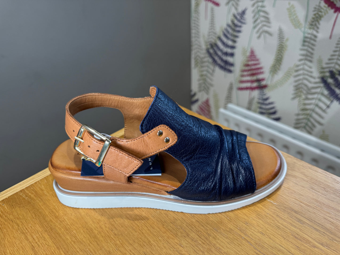 Lunar Steffi Navy/Tan Leather Wedge Sandal