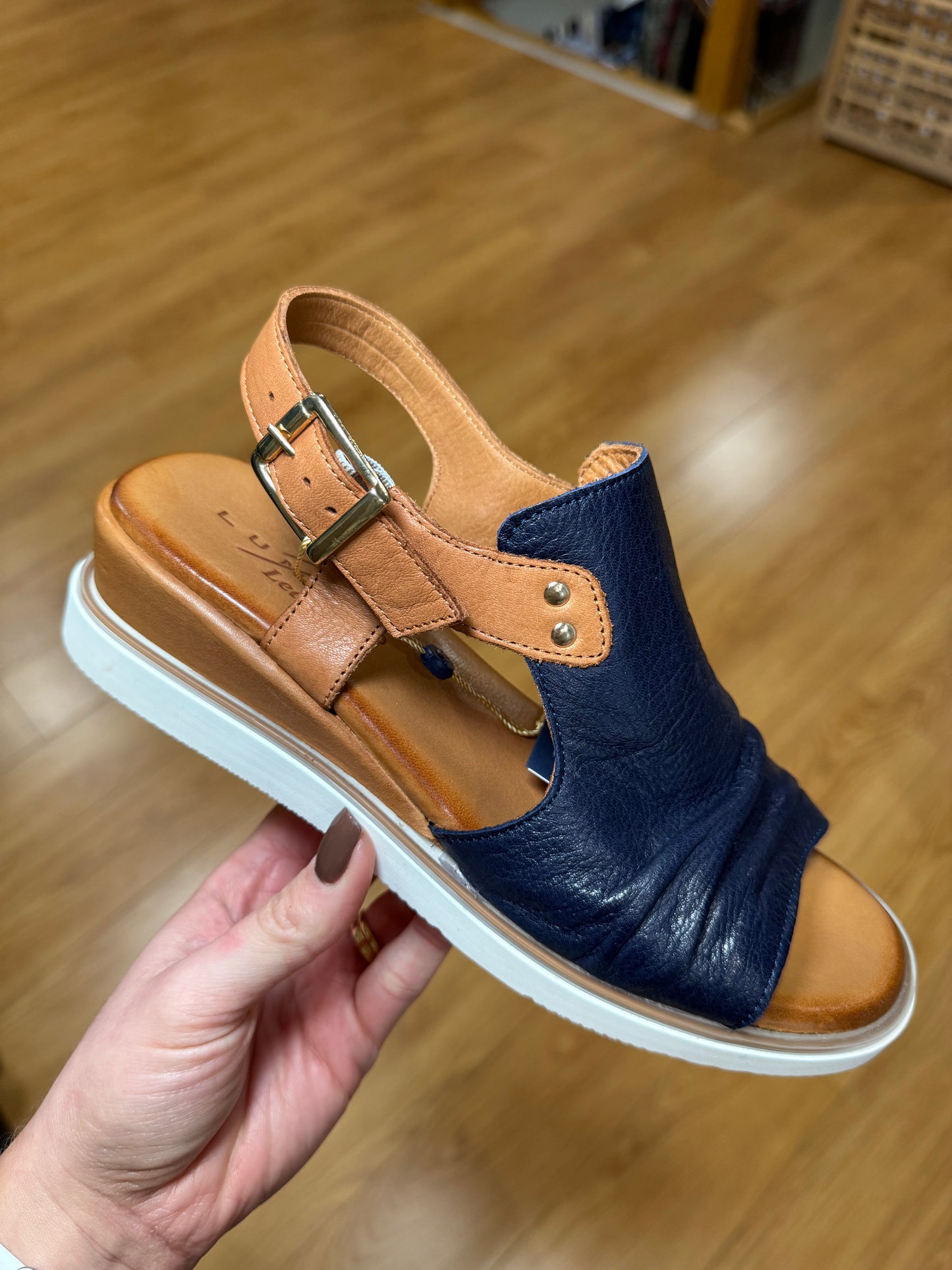 Lunar Steffi Navy/Tan Leather Wedge Sandal