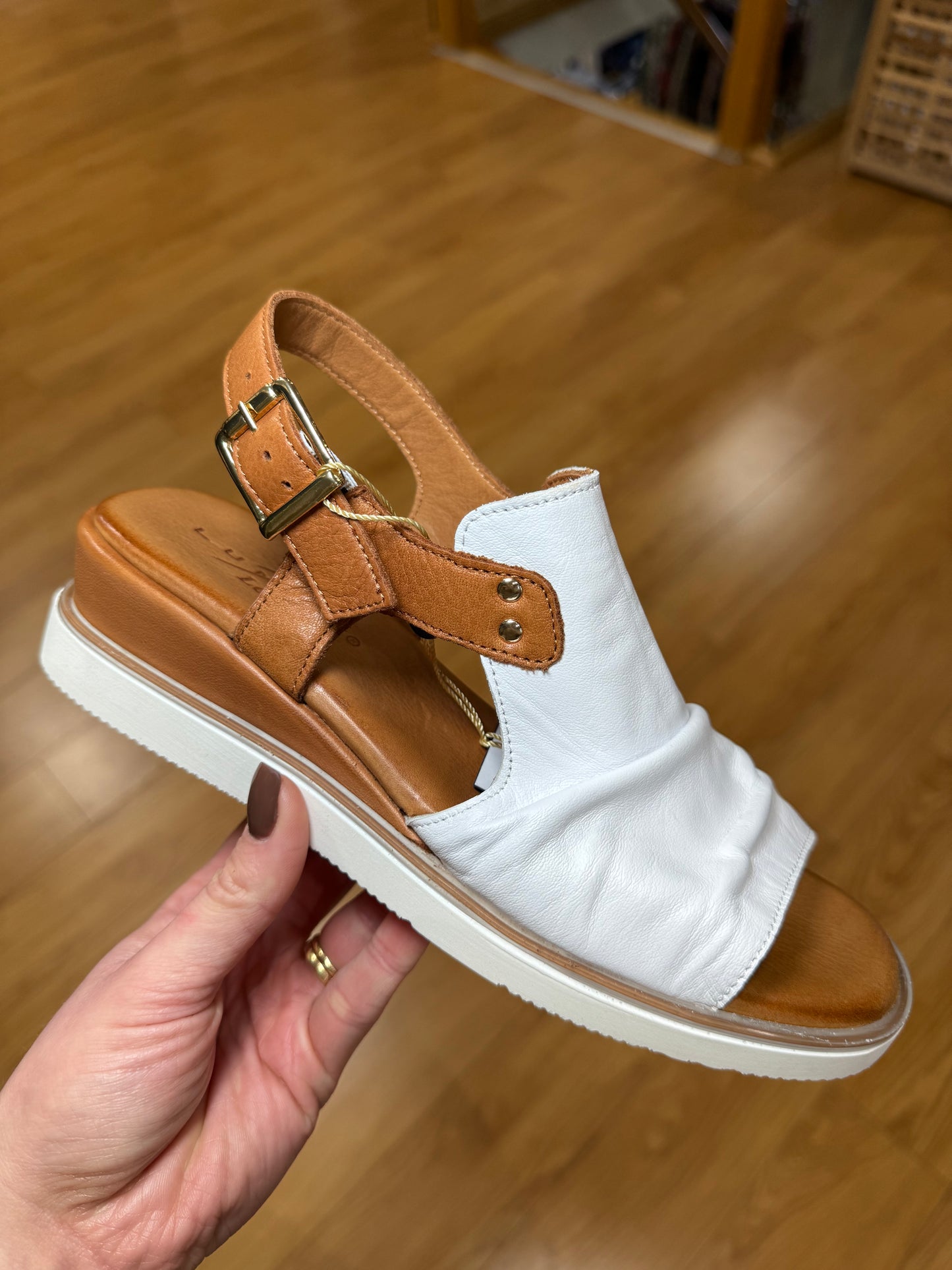 Lunar Steffi White/Tan Leather Wedge Sandal