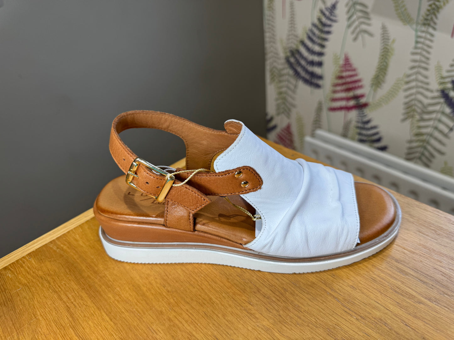 Lunar Steffi White/Tan Leather Wedge Sandal