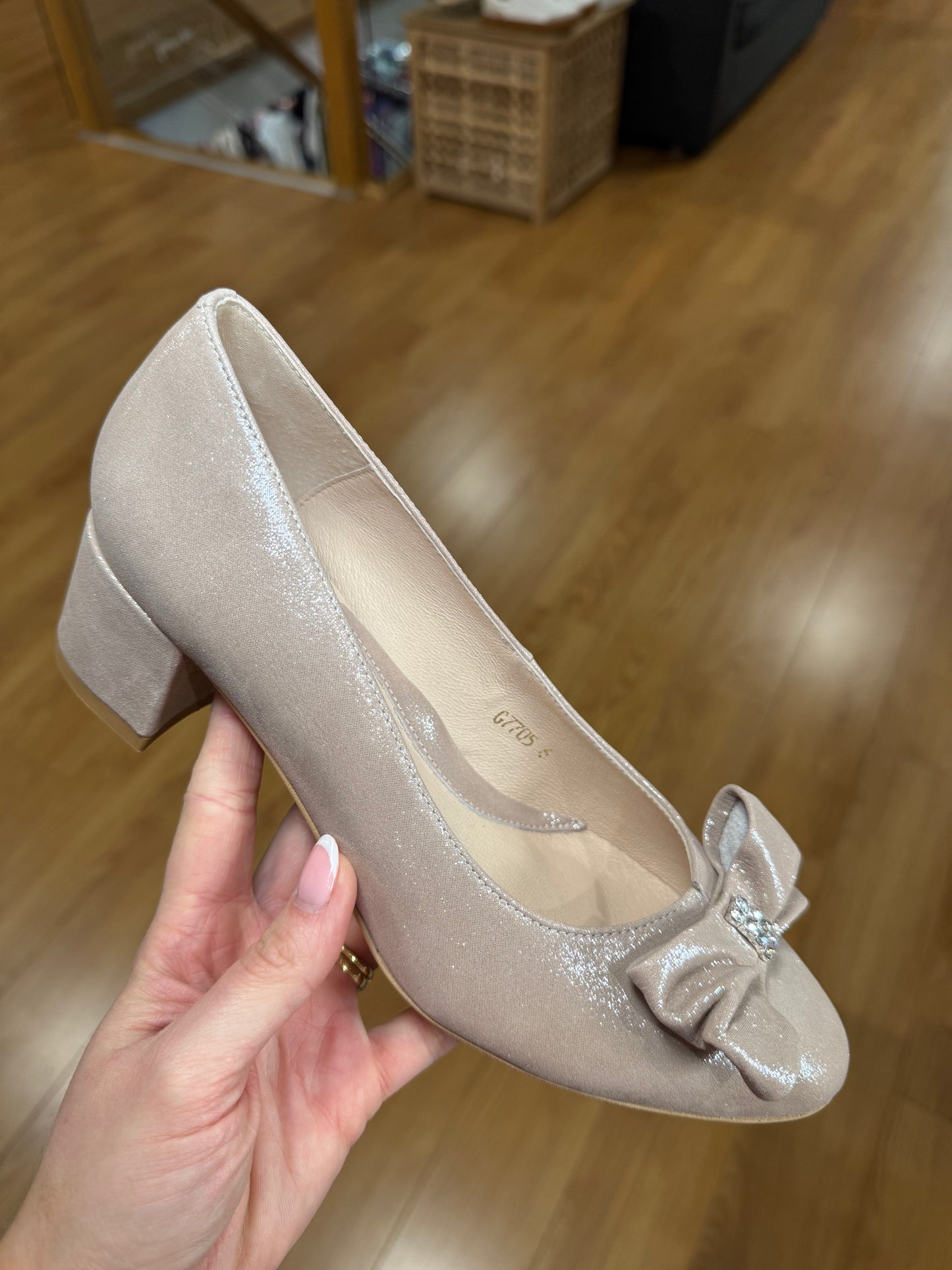 Emis Blush Shimmer Block Heel Court