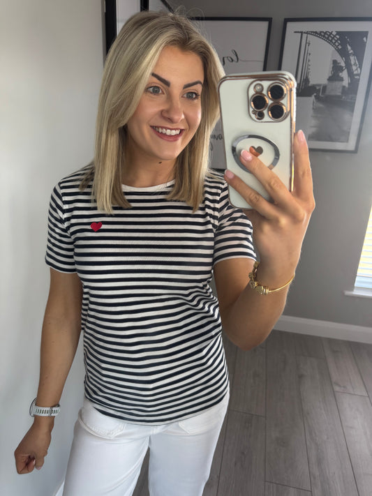 Freequent Navy Stripe Heart T-Shirt