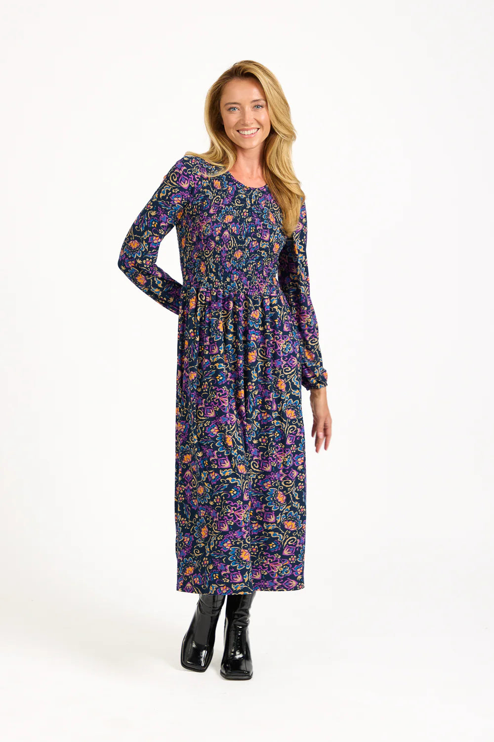 Navy Floral Print Shirred Soft Touch Dress