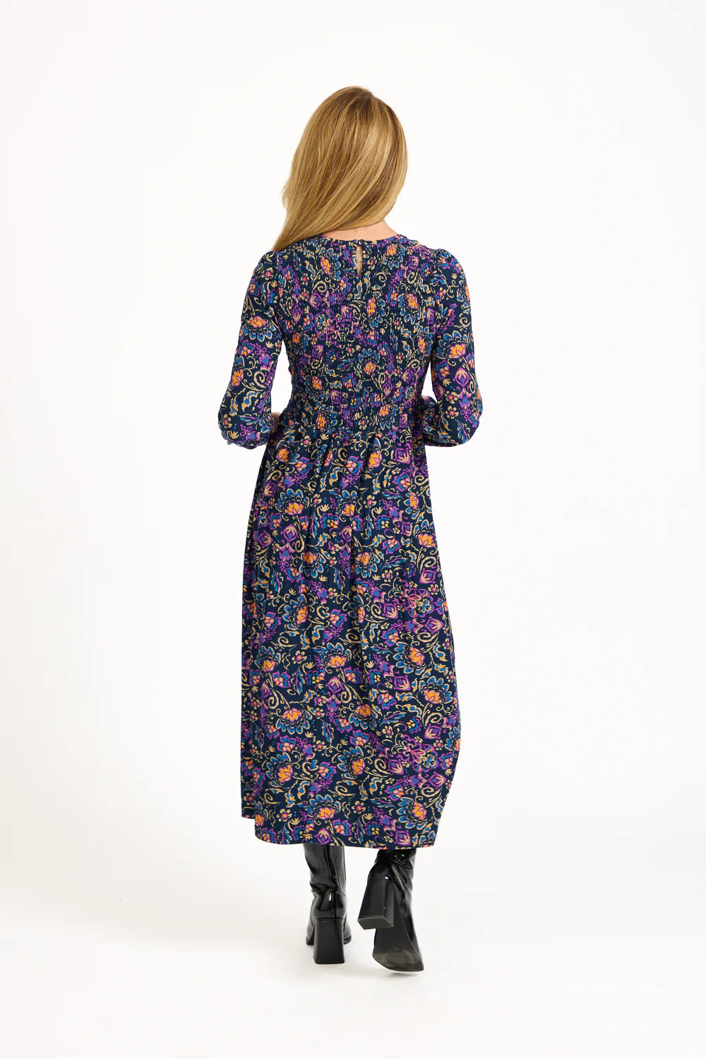 Navy Floral Print Shirred Soft Touch Dress