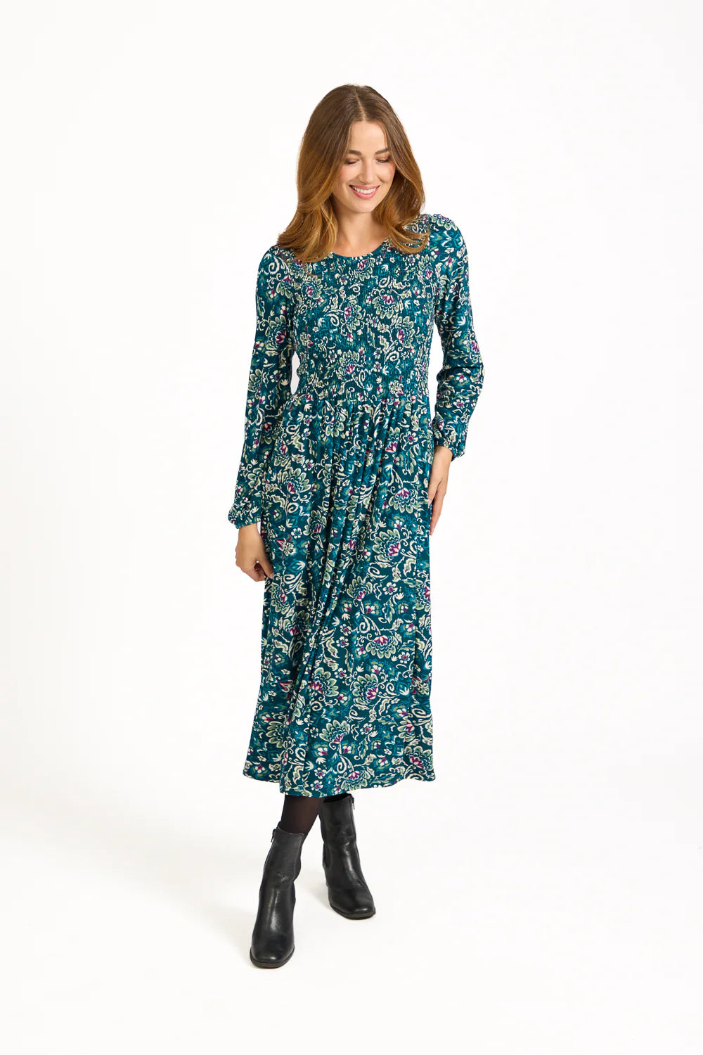 Green Floral Print Shirred Soft Touch Dress