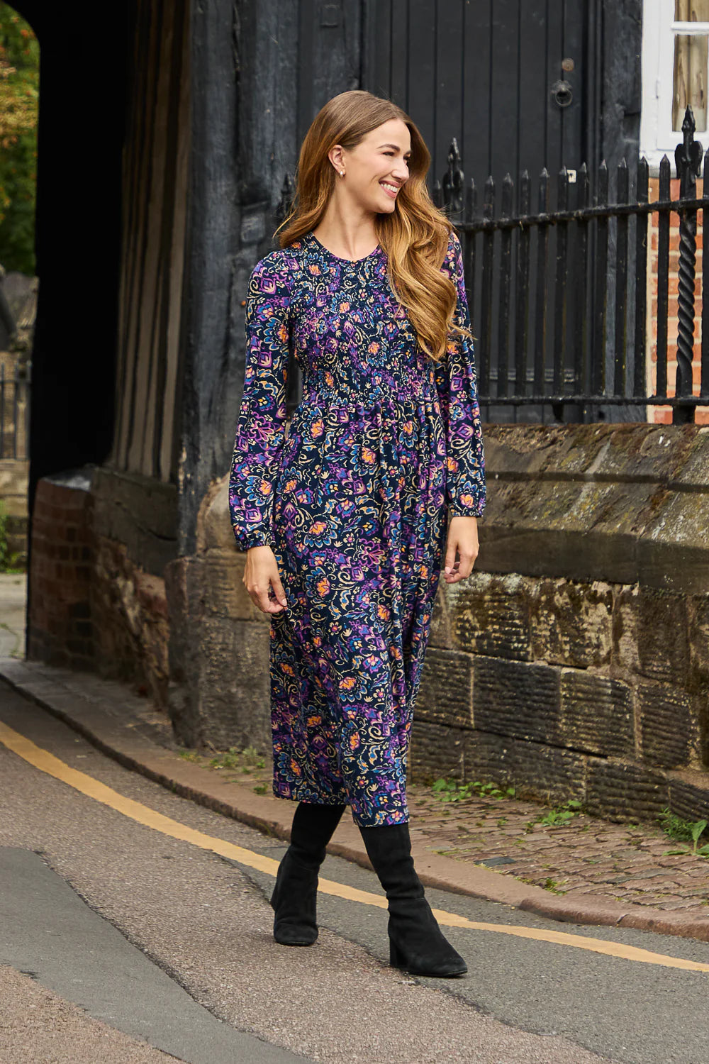 Navy Floral Print Shirred Soft Touch Dress