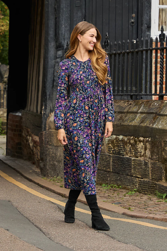 Navy Floral Print Shirred Soft Touch Dress